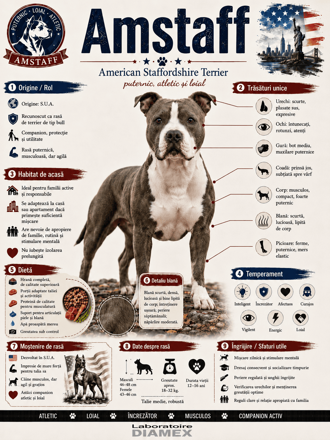 Amstaff origine, temperament, dietă, îngrijire și grooming pentru American Staffordshire Terrier
