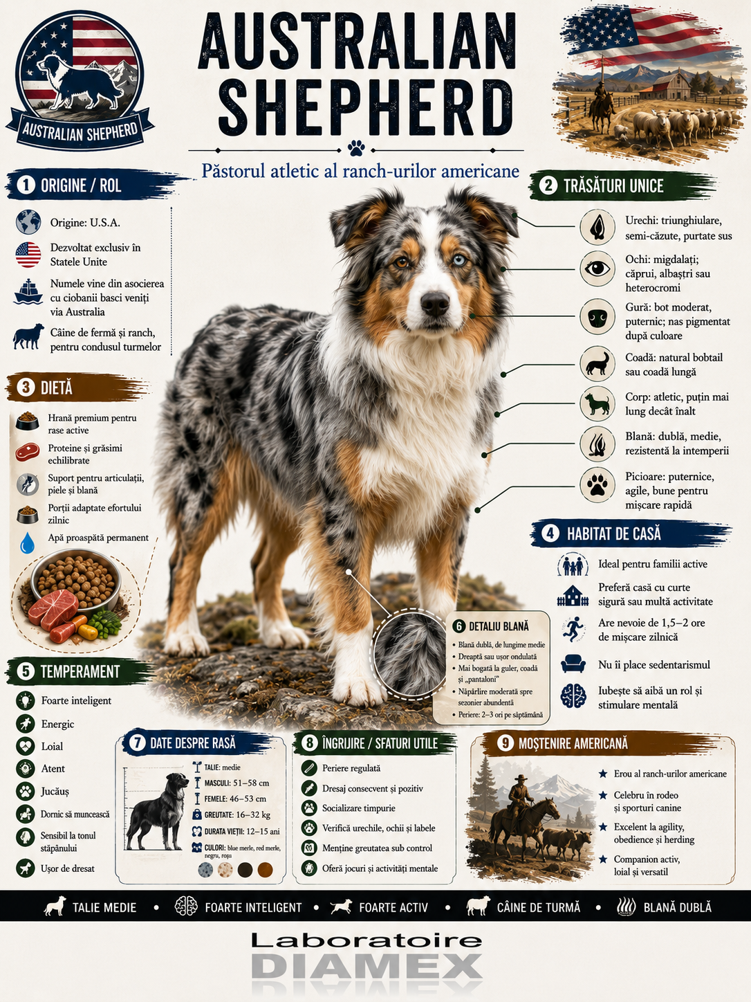Australian Shepherd: origine, temperament, dietă, îngrijire și grooming