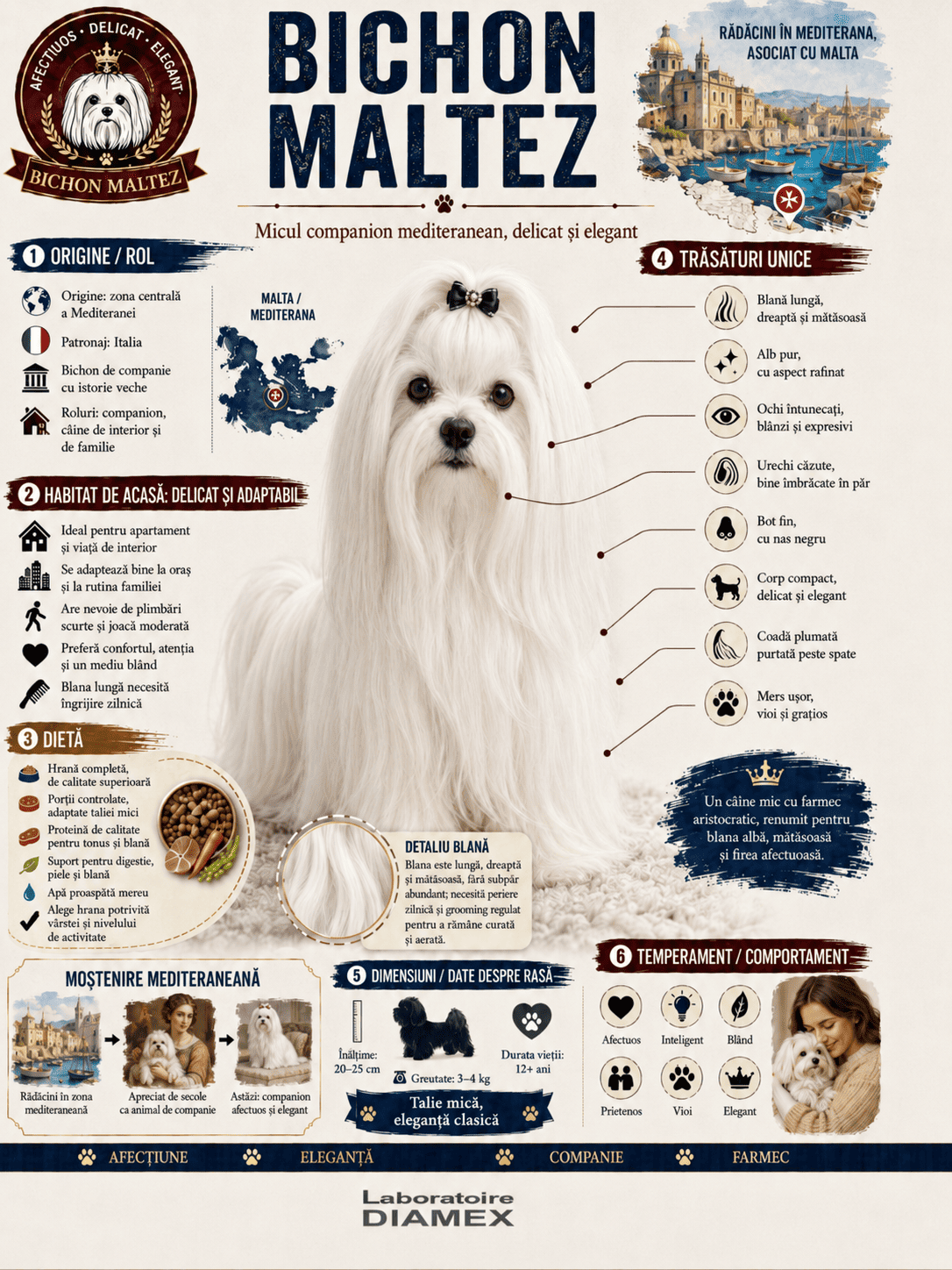 Bichon Maltez origine, temperament, dietă, îngrijire și grooming pentru blana albă mătăsoasă