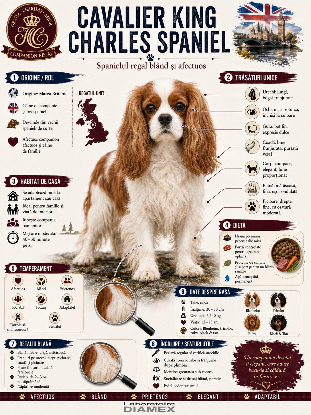 Cavalier King Charles Spaniel origine, temperament, dietă, îngrijire și grooming