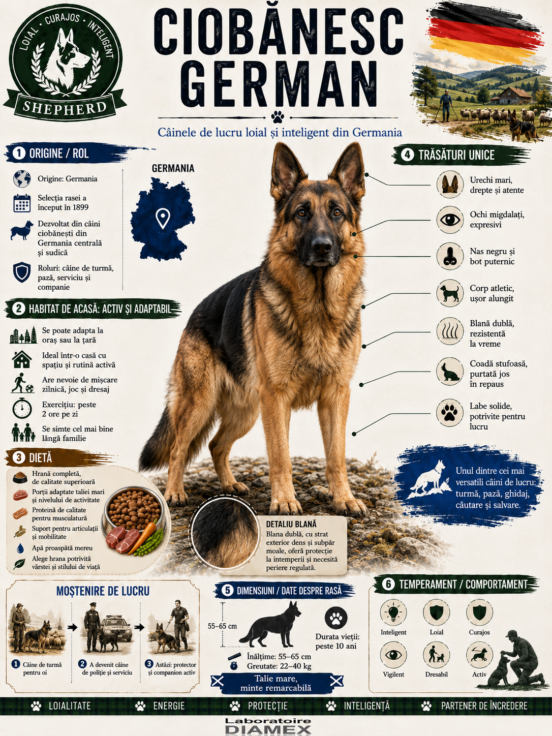 Ciobănesc German origine, temperament, dietă, îngrijire și grooming pentru blana dublă