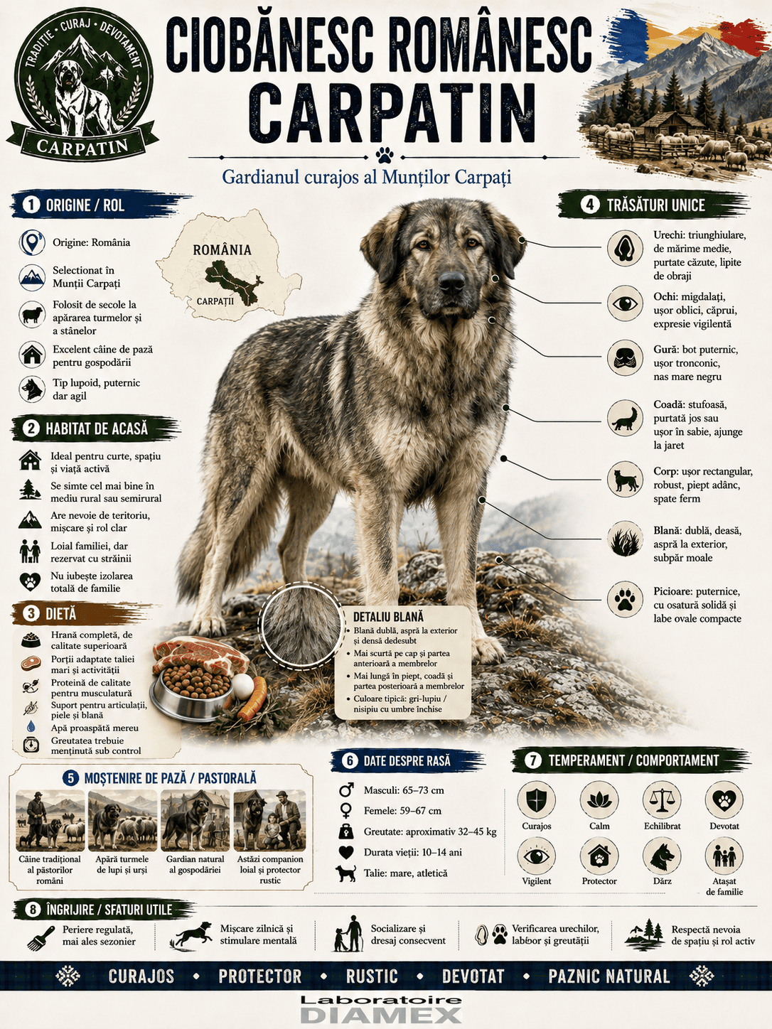 Ciobănesc Românesc Carpatin origine, temperament, dietă, îngrijire și grooming