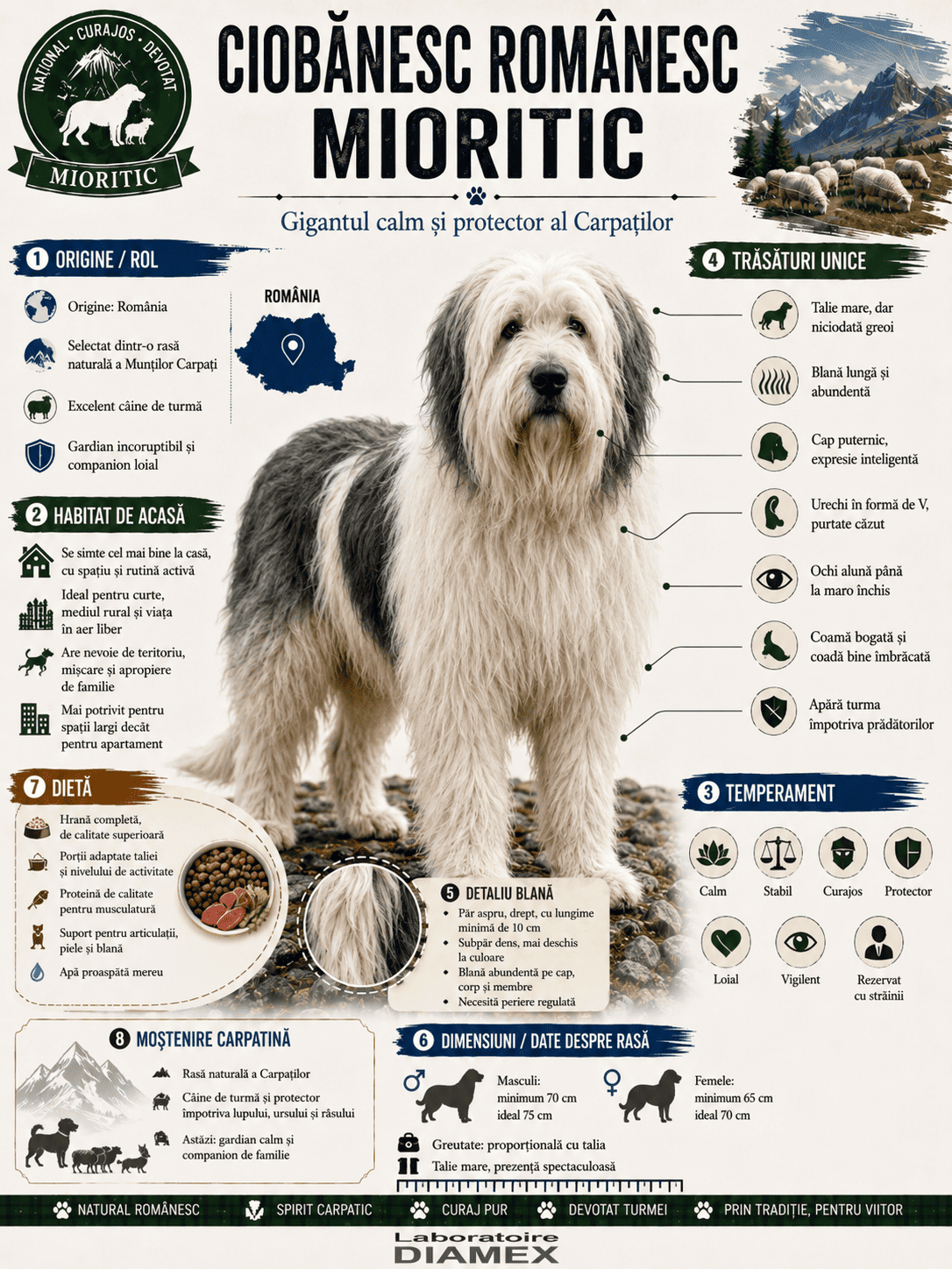 Ciobănesc Românesc Mioritic origine, temperament, dietă, îngrijire și grooming pentru blana lungă