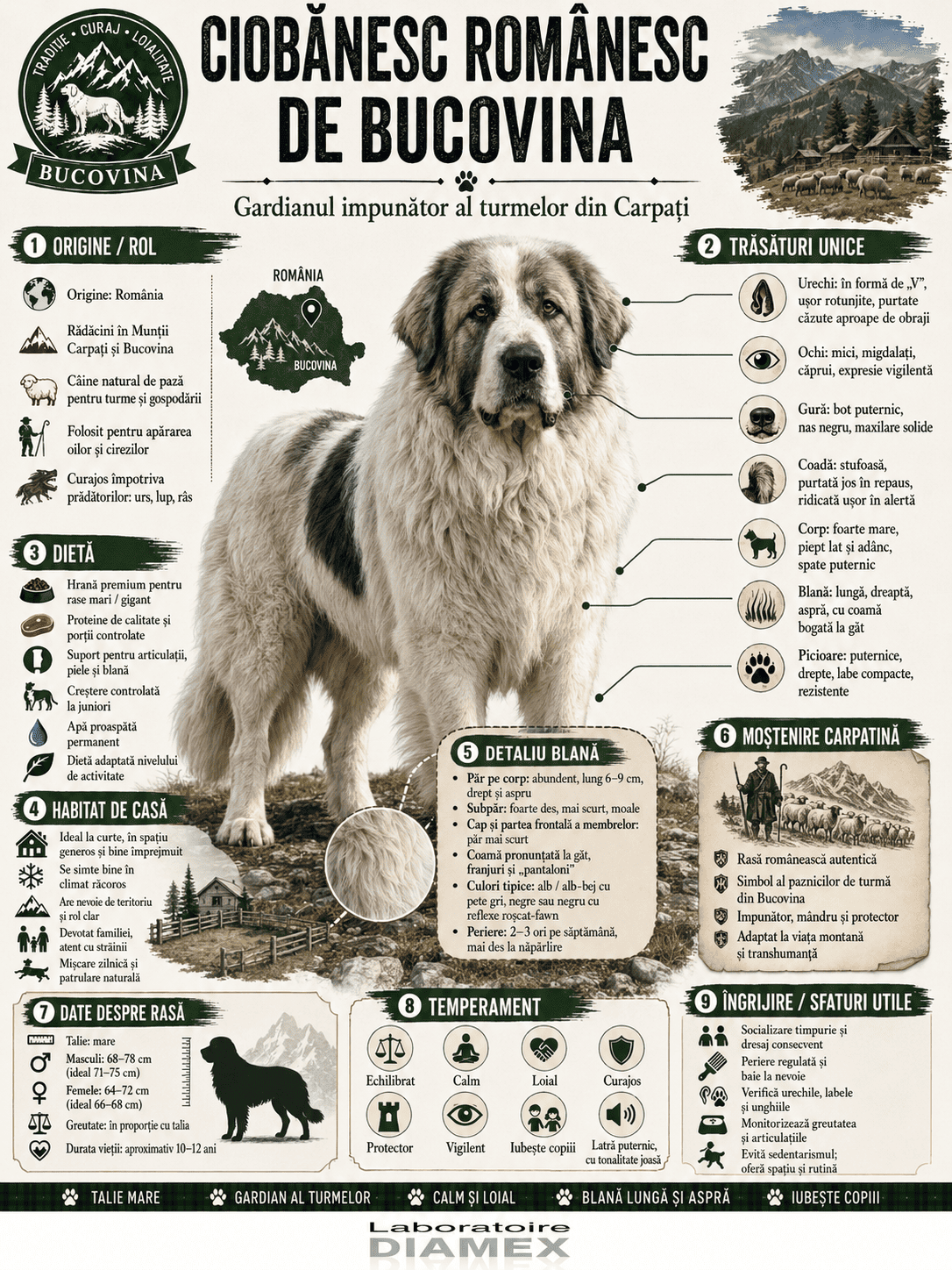 Ciobănesc Românesc de Bucovina origine, temperament, dietă, îngrijire și grooming