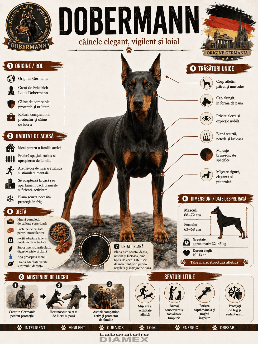 Dobermann origine, temperament, dietă, îngrijire și grooming pentru câinele elegant și vigilent