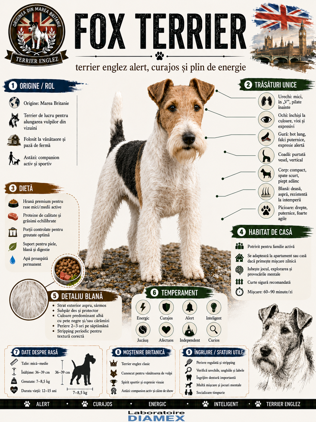 Fox Terrier origine, temperament, dietă, îngrijire și grooming pentru terrierul englez