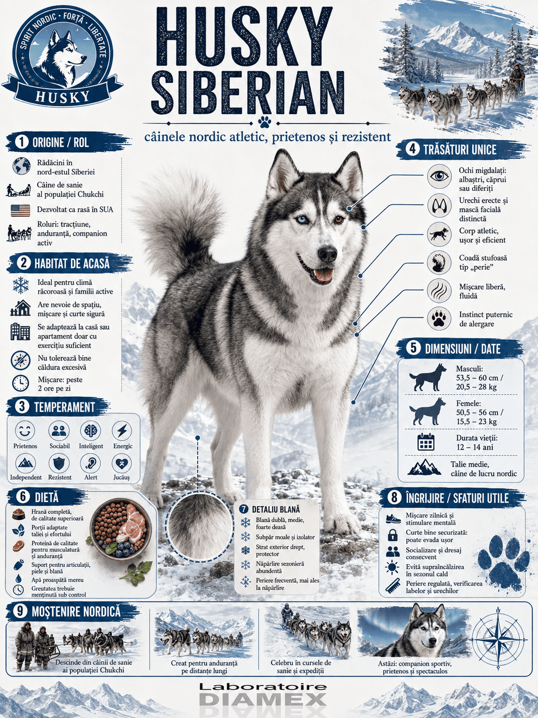 Husky Siberian origine, temperament, dietă, îngrijire și grooming pentru câinele nordic