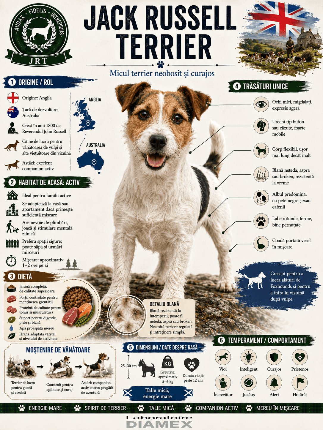 Jack Russell Terrier origine, temperament, dietă, îngrijire și grooming pentru micul terrier activ