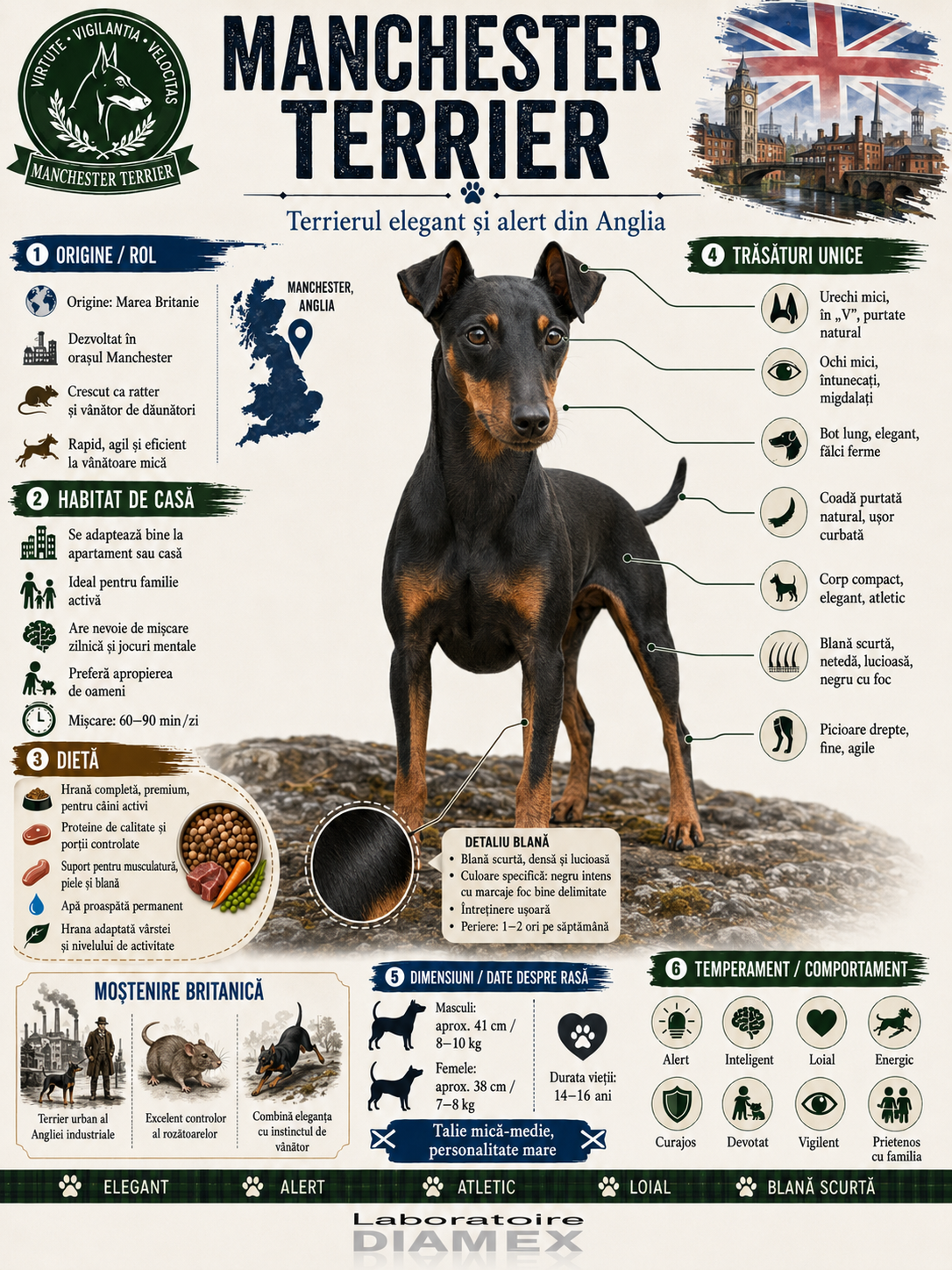 Manchester Terrier origine, temperament, dietă, îngrijire și grooming pentru terrierul elegant din Anglia