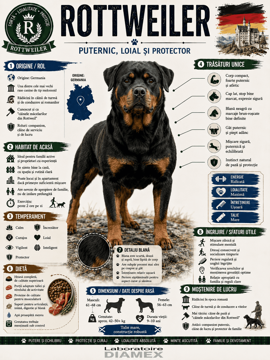Rottweiler origine, temperament, dietă, îngrijire și grooming pentru câinele puternic și loial
