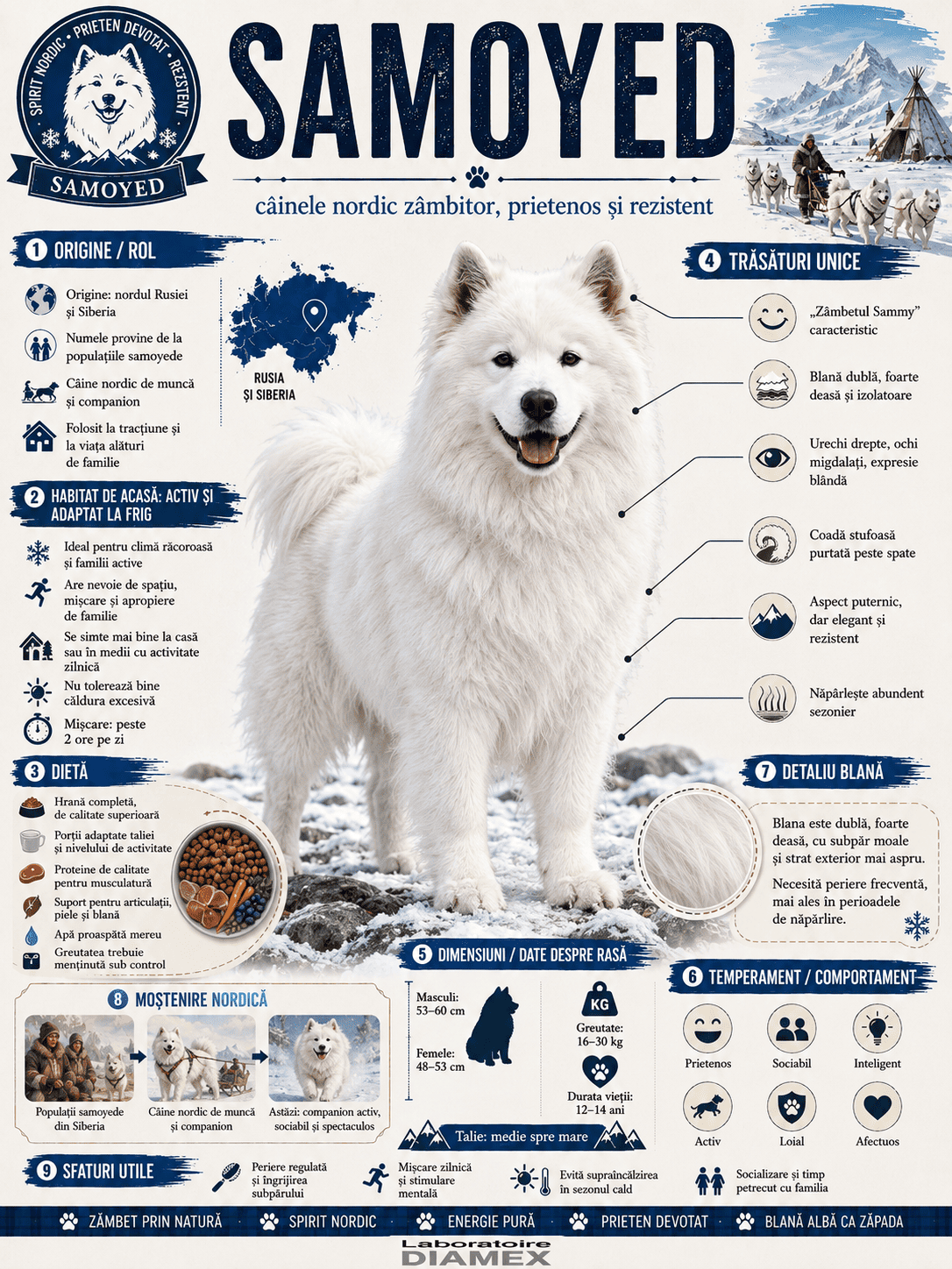 Samoyed origine, temperament, dietă, îngrijire și grooming pentru blana albă nordică