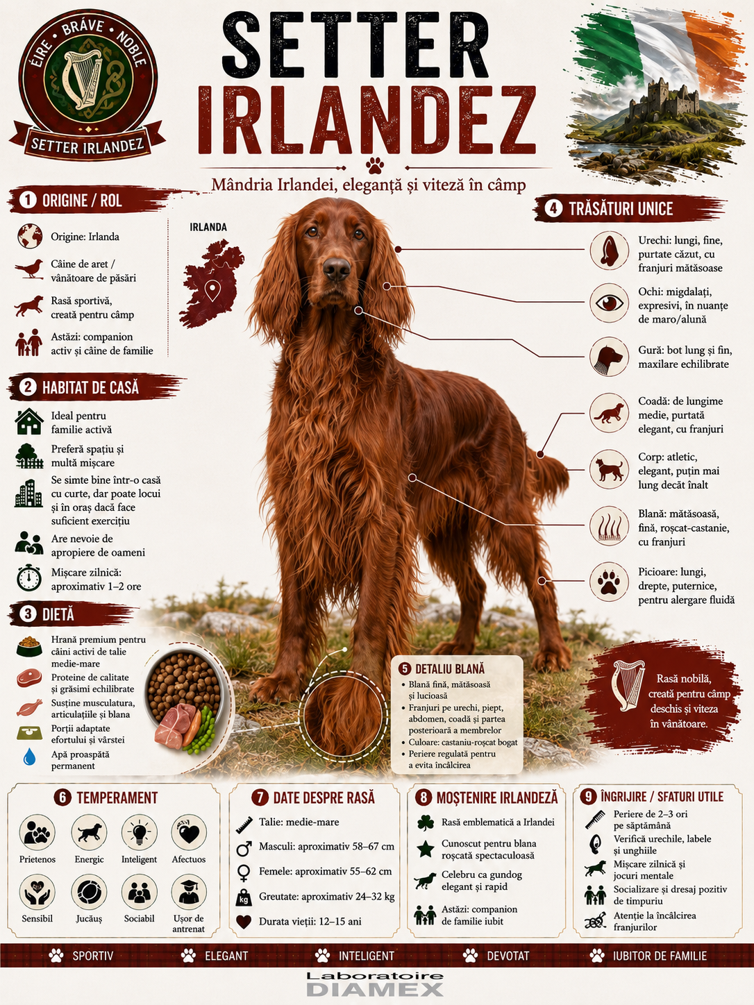 Setter Irlandez origine, temperament, dietă, îngrijire și grooming pentru Irish Setter